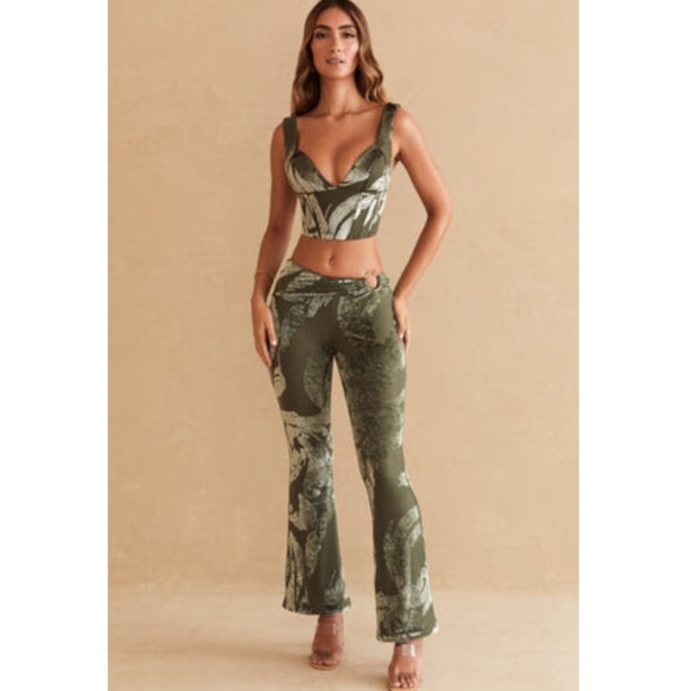 Oh Polly Olive Print Flare Trousers